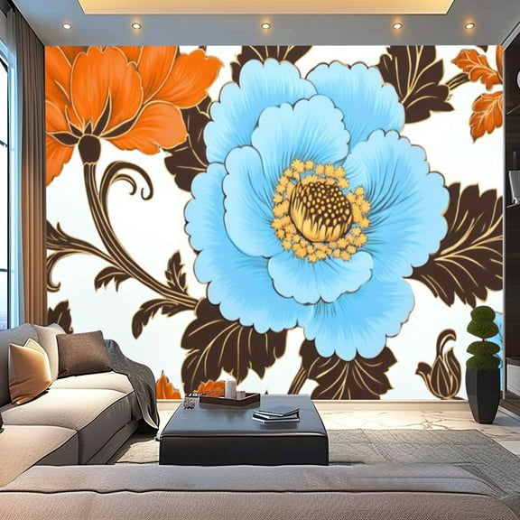Peel and Stick Wallpaper Canvas Boho Modern Orange Blue Flower Abstract Vintage Large Blue Flowers Modern Art Wall Mural Decor Self Adhesive and Removable 100in x 144in