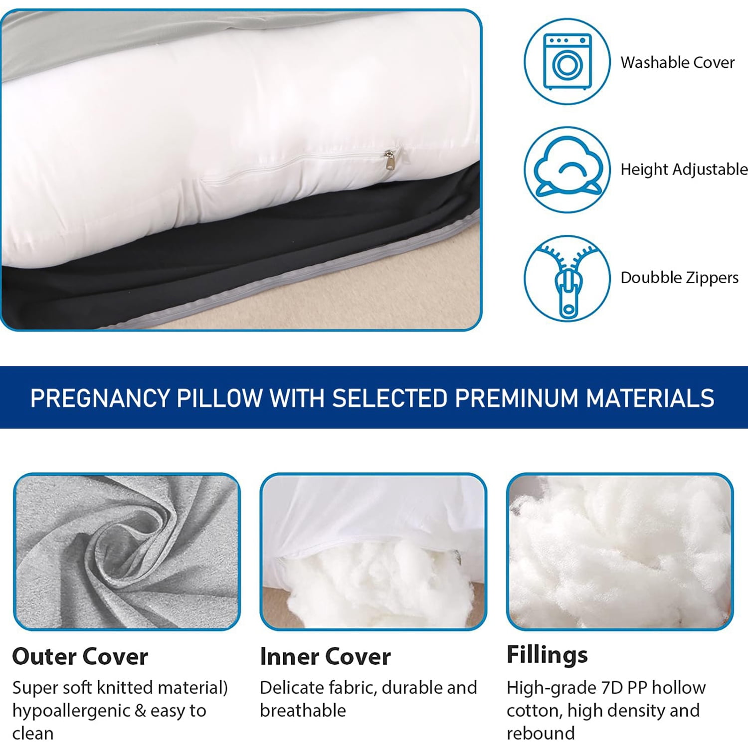 60-inch J-Shaped Pregnancy Pillow, Full Body Maternity Pillow for Side Sleepers, Soft Velvet Removable Washable Cover, Back Hip Leg Support