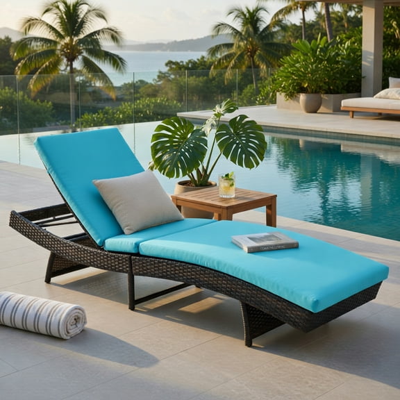 Hommoo Adjustable Folding Rattan Chaise Lounge Chair with Removable Cushion, Outdoor Patio, Poolside & Deck Lounger, Turquoise