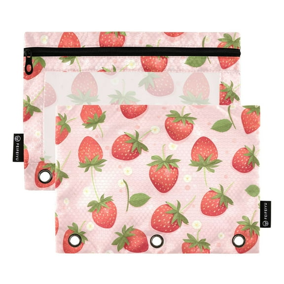 2 Pack Pencil Pouch for 3 Ring Binder Zipper Pencil Case Strawberries Clear Window Pencil Bag Organizers