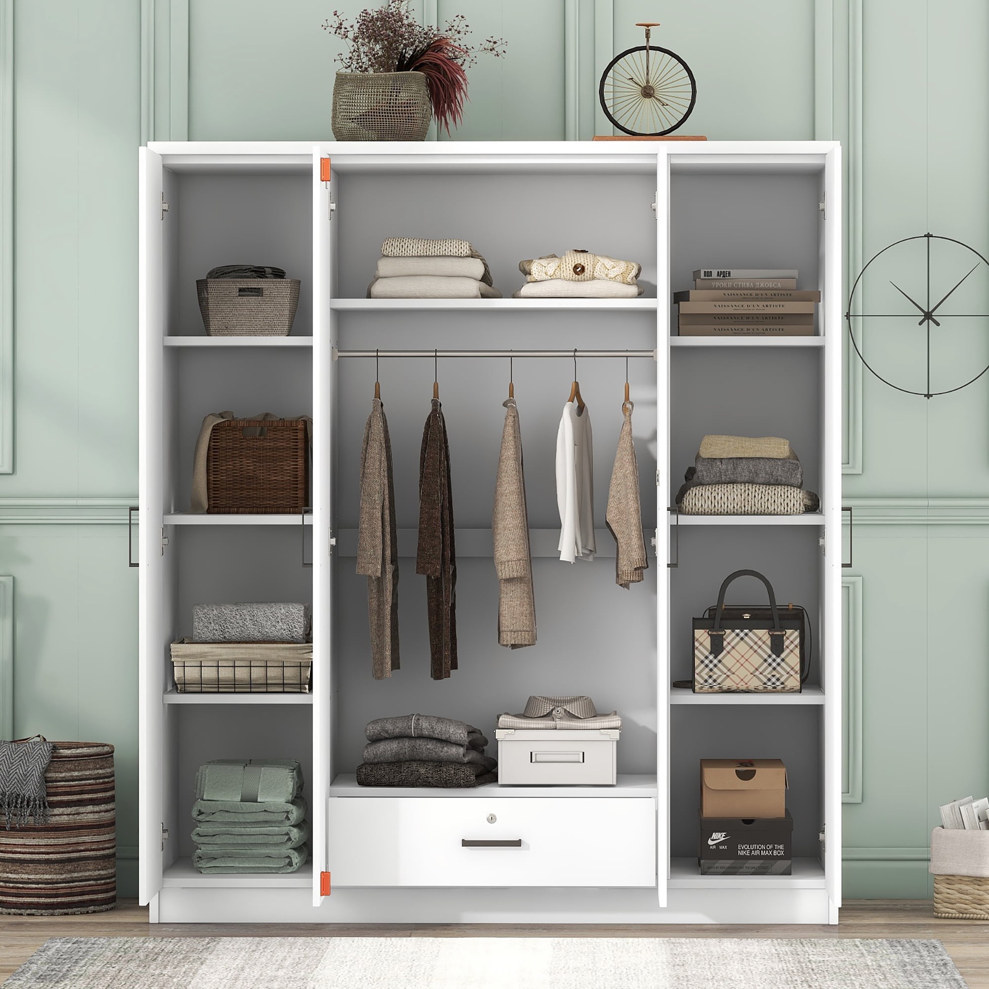 Mintazer Modern 4 Doors Storage Wardrobe with Drawer and 8 Shelves, Freestanding Closet for Apartment Bedroom, White