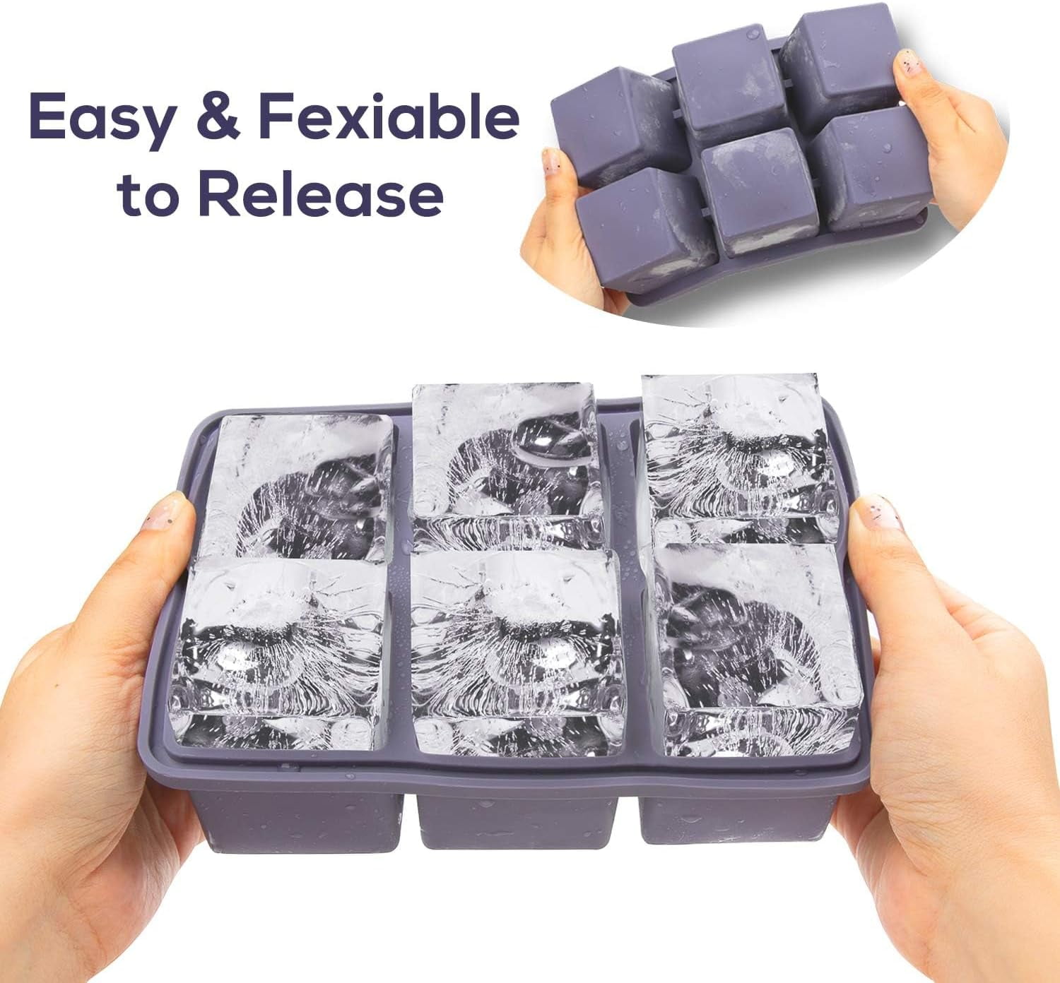 Large Square Ice Cube Tray with lid, Big Block 2 Inch, Giant Cocktail Silicone Ice Maker, Scotch Whiskey Easy Release Reusable Ice Cubes for Soup Freezer Wine Juice