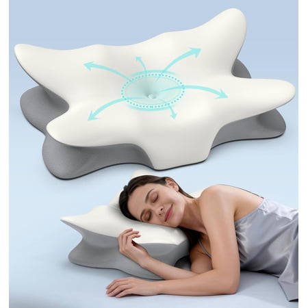 Cervical Neck Pillow for Pain Relief, Ergonomic Side Sleeper Pillow Cooling Memory Foam Pillows for Sleeping, Pillow Orthopedic Bed Pillow for Back Stomach Sleepers(White)