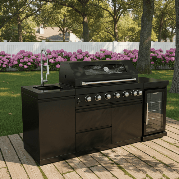BaPiPro 44-Inch 6-Burner 85000 BTU Stainless Steel Outdoor Kitchen Island Grill with Wine Cooler, Rotisserie, Granite Countertops & Storage Cabinets (Black)