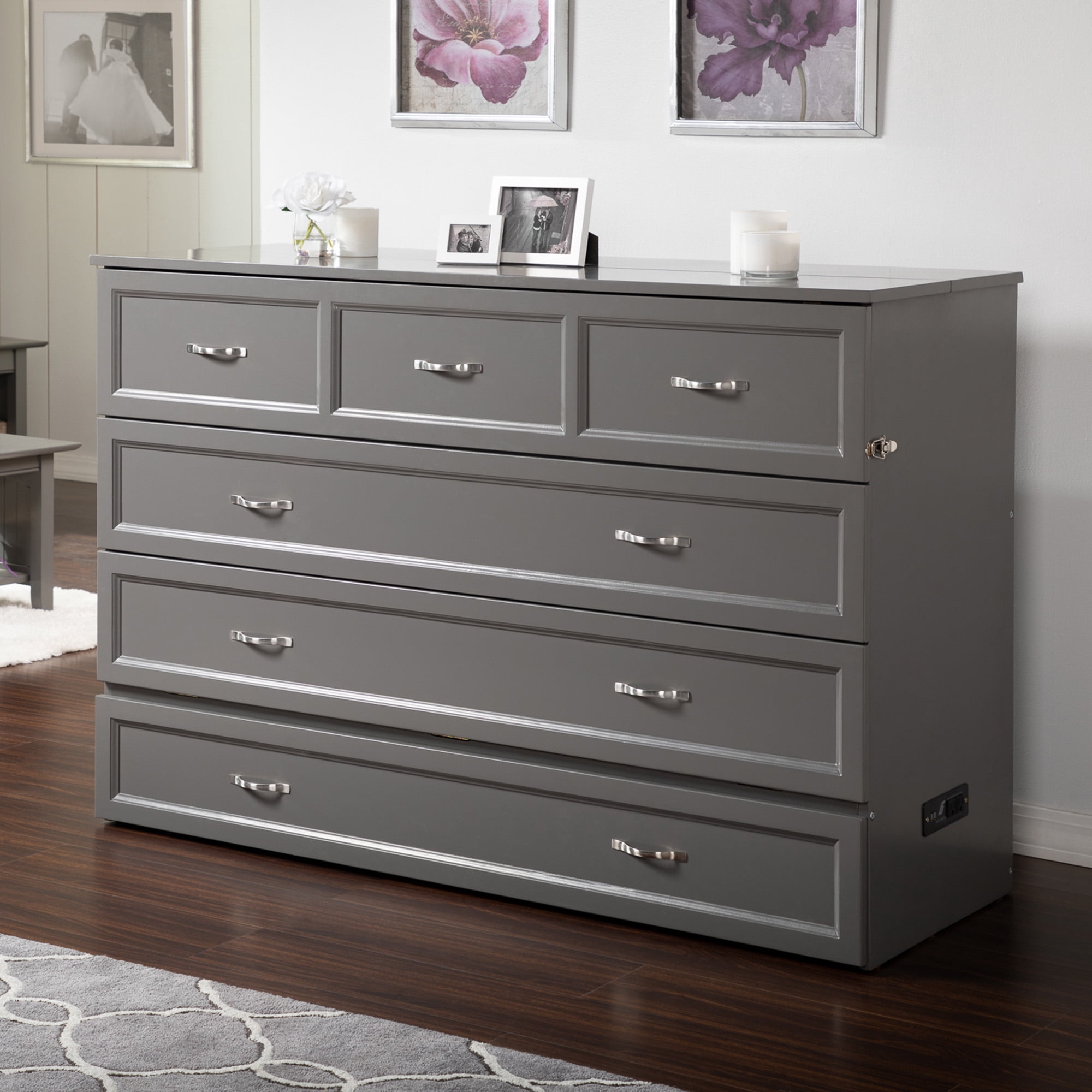 AFI Deerfield Queen Solid Wood Murphy Bed Chest with Mattress, Drawer & Charger in Gray