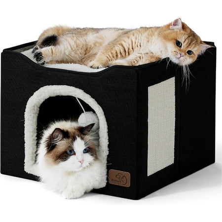 Bedsure Cat Beds for Indoor Cats - Large Cat Cave for Pet Cat House with Fluffy Ball Hanging and Scratch Pad, Foldable Cat Hideaway,16.5x16.5x13 inches, Black