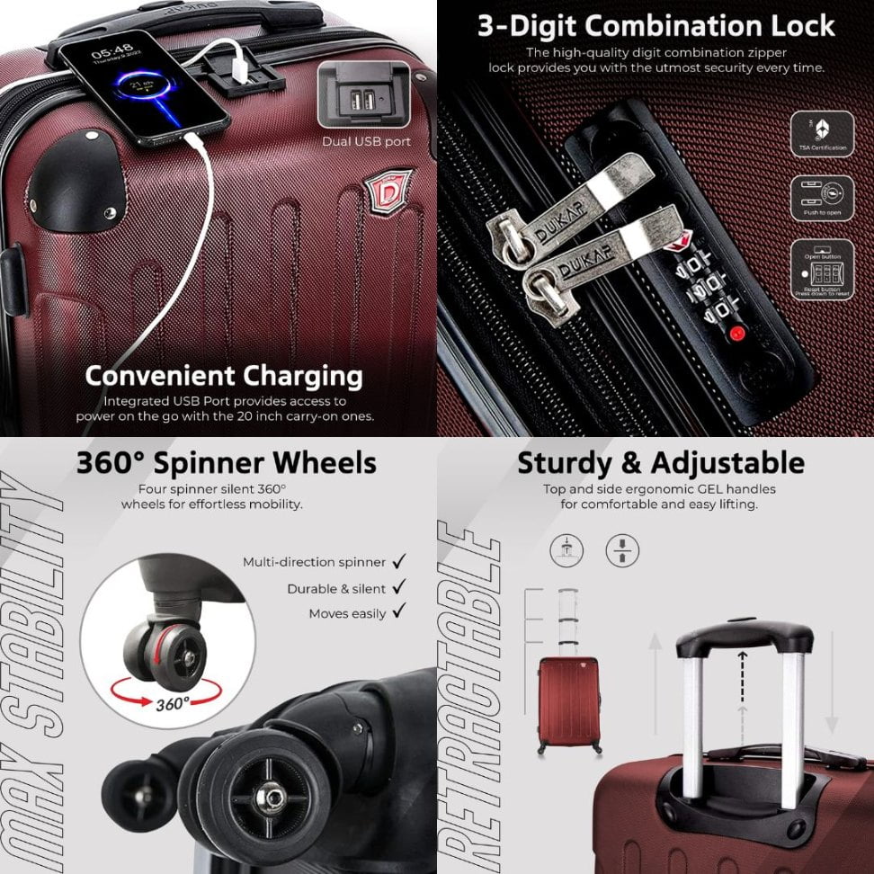 DUKAP Intely 20" Hardside Lightweight Carry-on Luggage with Spinner Wheels and USB Port, Wine