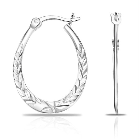 Tilo Jewelry 925 Sterling Silver Oval Flat Hoop Earrings with Floral Diamond-Cut Engraving for Women & Unisex | 25mm - 1 Inch