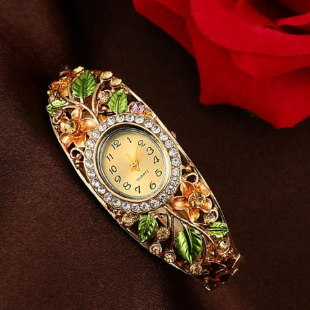 CARLTON GLOBAL Women Bangle Crystal Flower Bracelet Quartz Watch Wristwatch GD