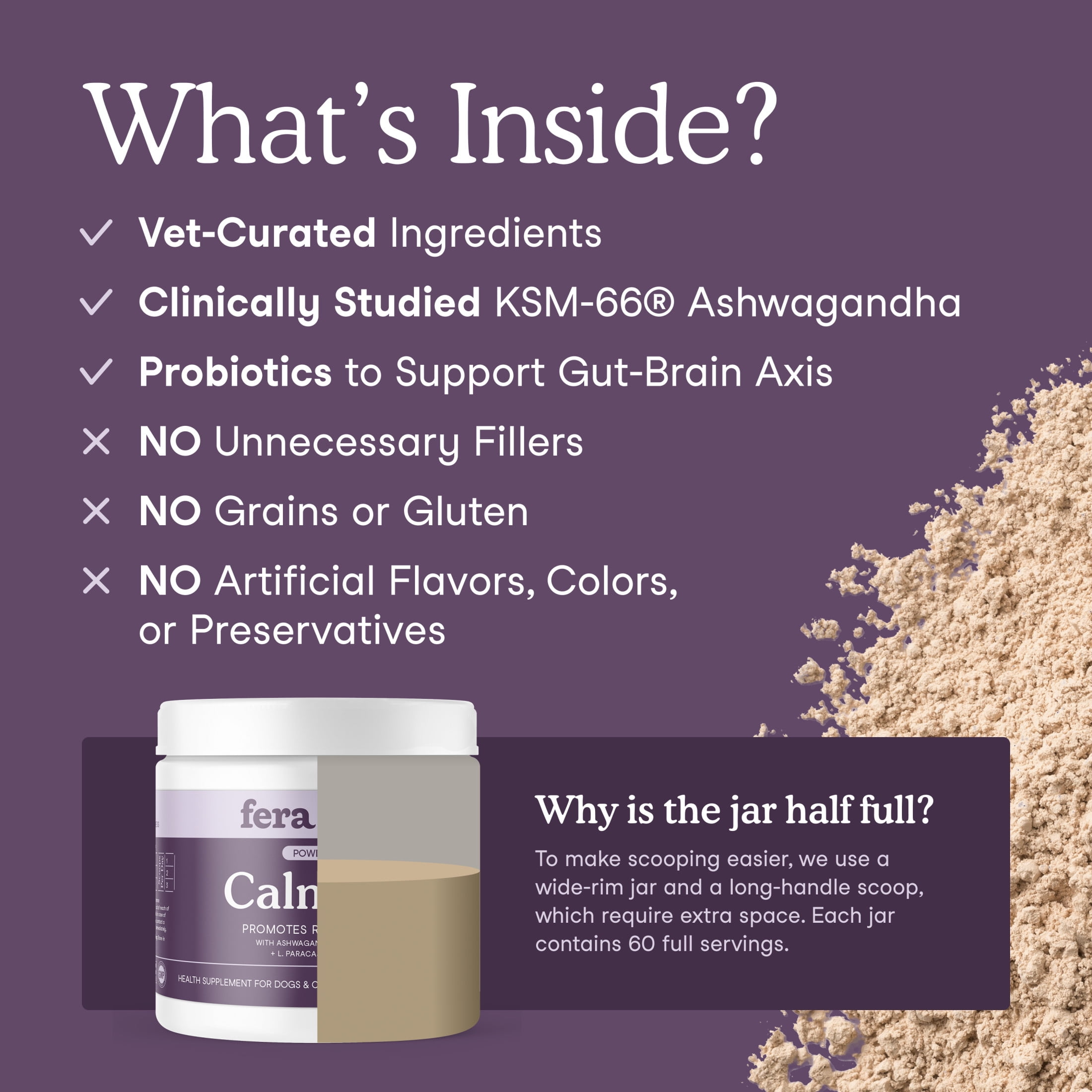 Fera Pets Cat & Dog Calming Powder - With Ashwagandha & L-Theanine - Promotes Stress Relief - 60 Scoops