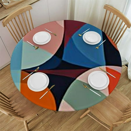 

HAOXIT Fitted Round Tablecloth Geometric Colorful Simple Shape Abstract Art Table Cover Elastic Edged Table Cloth Fits Round Tables 46-50