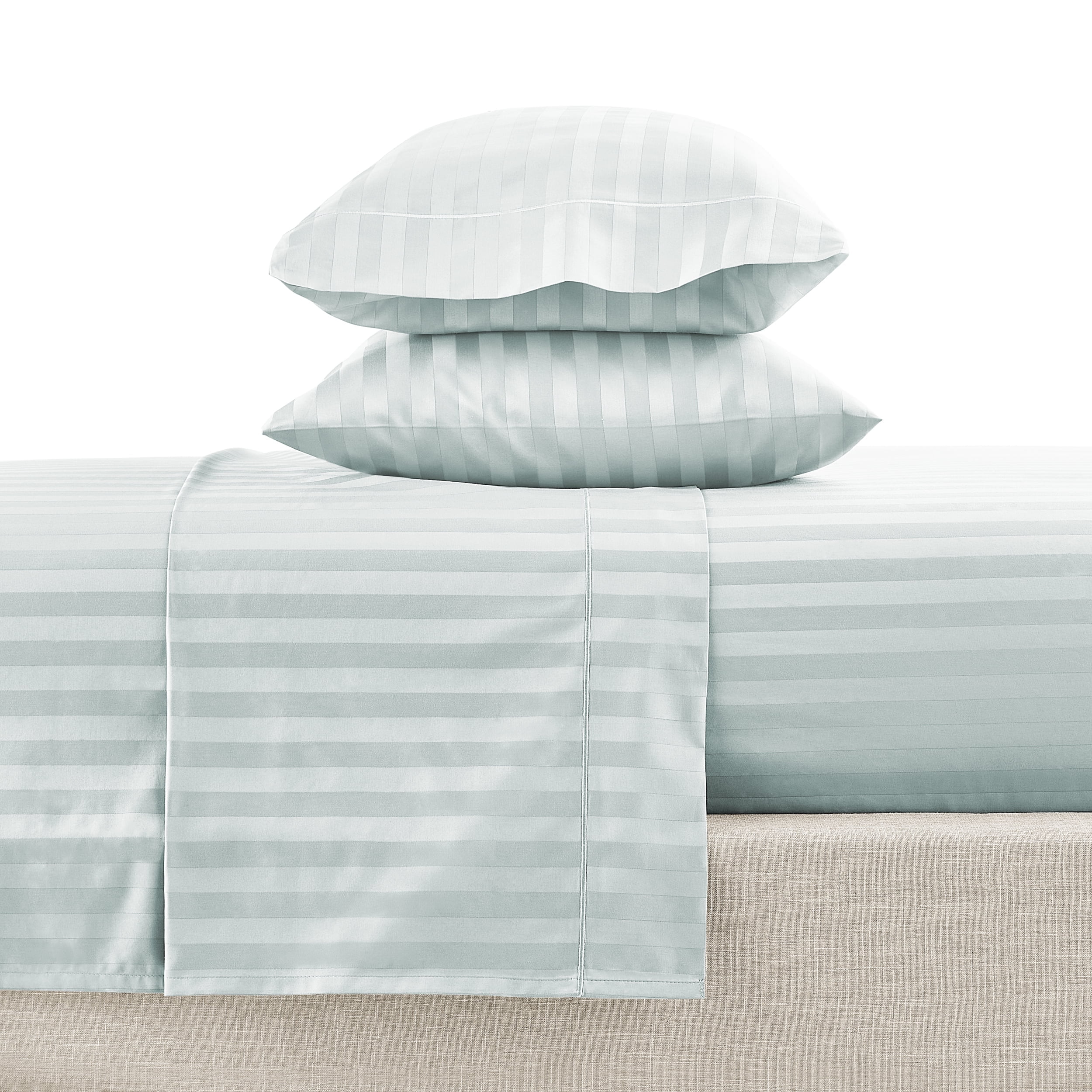 Ensemble de draps pour lit adulte en coton égyptien vert rayures 600 contexture, 4 pièces, hotel style, grand lit - Poche profonde Ensemble de draps grand lit