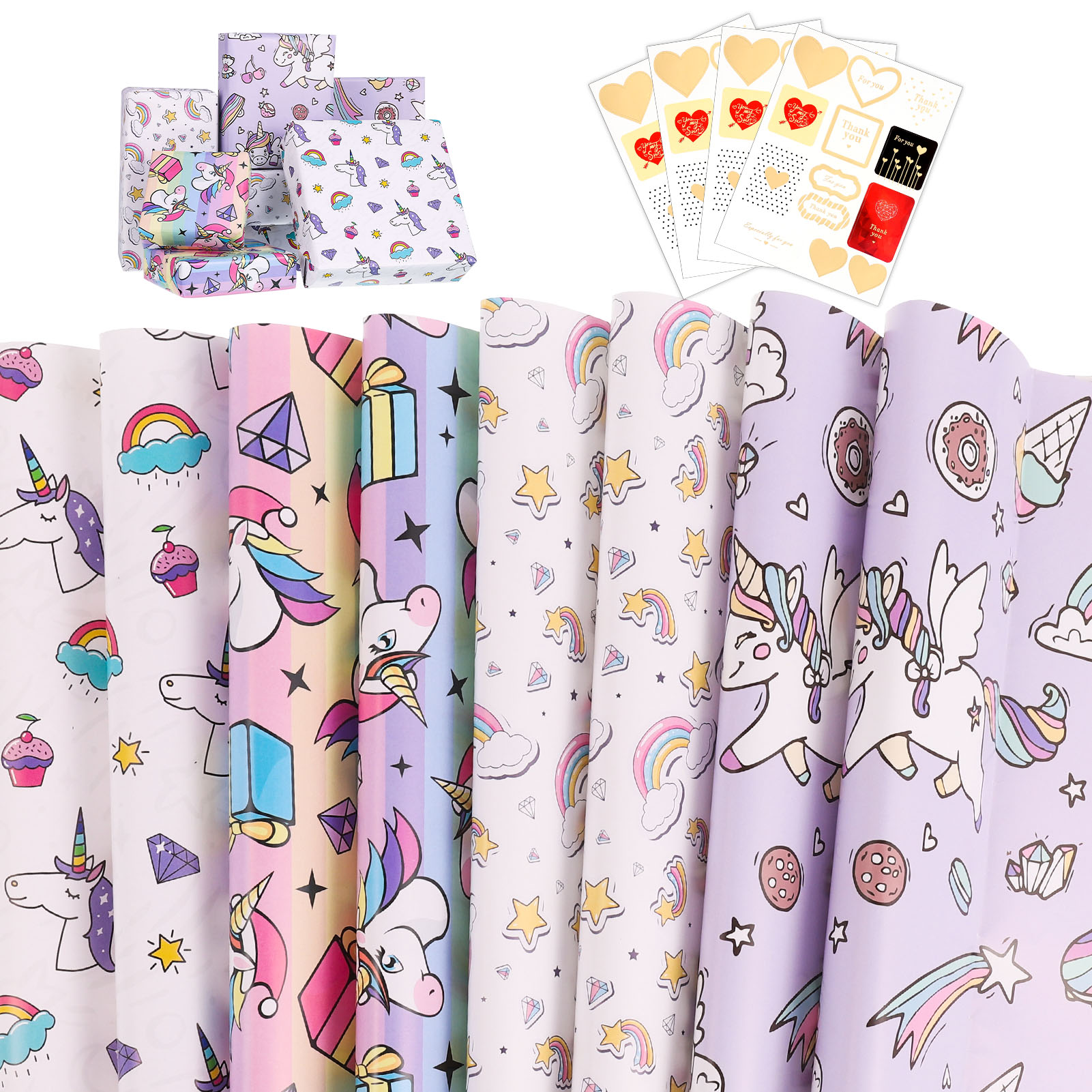 HEQUSIGNS 12 Sheets Unicorn Gift Wrapping Paper with 4 Sheet Stickers, 20x28 inch 4 Different Unicorn Patterns Pre Cut & Folded Flat Design for Birthday Weddings Baby Showers