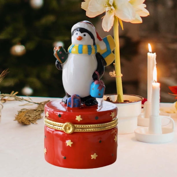 Caja de baratijas para joyas navideñas, soporte para guardar anillos con bisagras, soporte para anillos de joyería Pingüino de Navidad