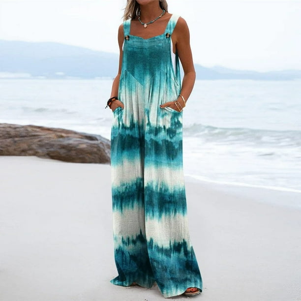 ICHUANYI Clearance Women's Printed Jumpsuit Casual Button Pocket Sleeveless Wide Leg Trousers(Blue, XXL) ICHUANYI WER2023081004103