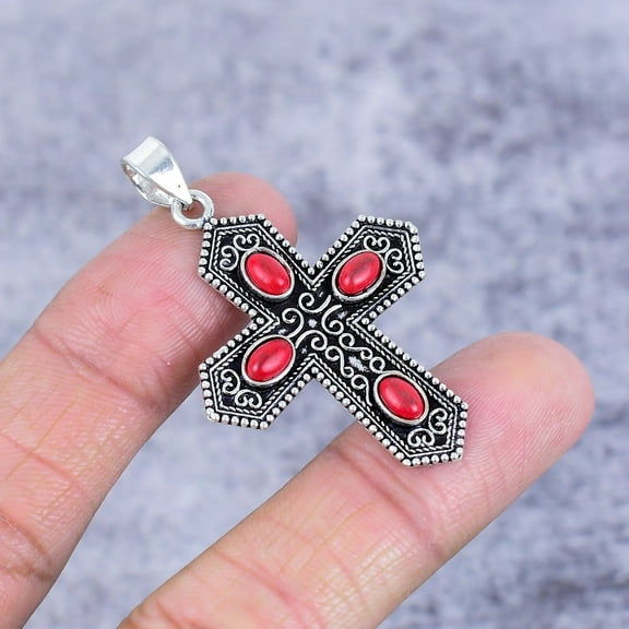 Italian Red Coral Gemstone 925 Sterling Silver Jewelry Pendant 1.97"