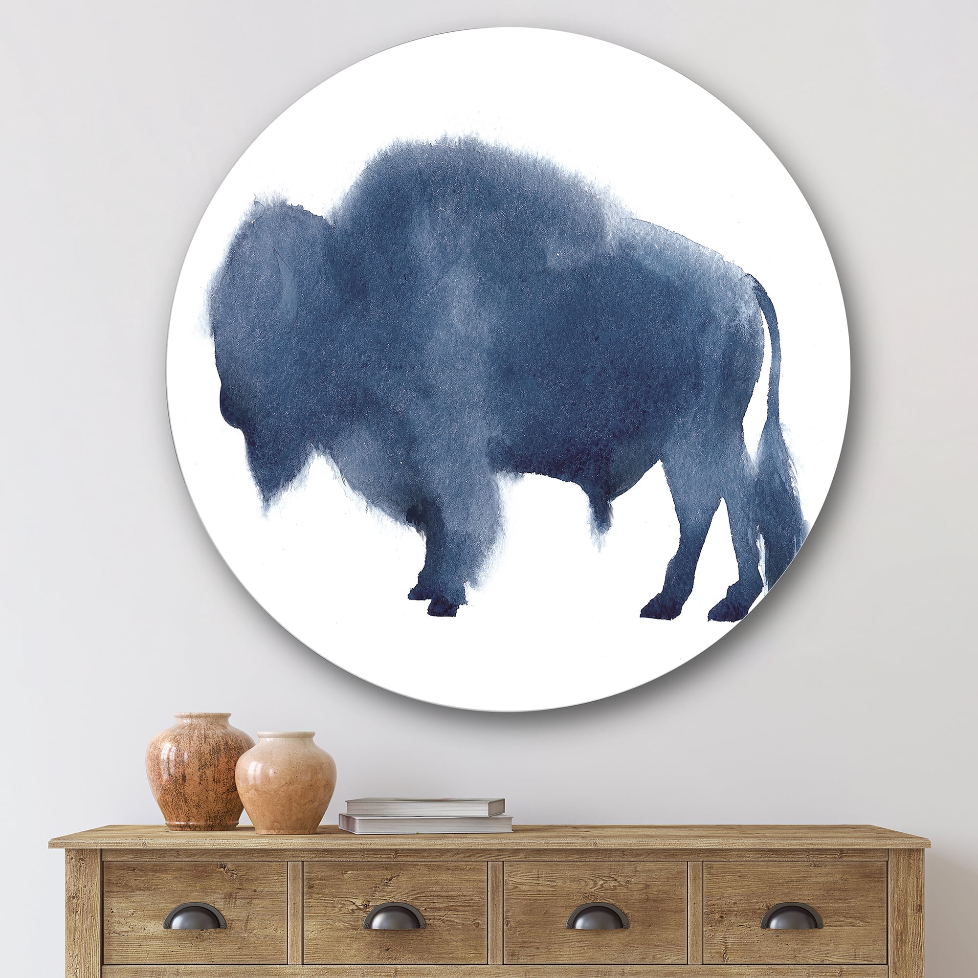 Designart 'Navy Blue Bison Silhouette On White' Farmhouse Circle Metal Wall Art 36x36 - Disc of 36
