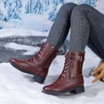 thumbnail image 2 of Lace up Winter Motorcycle Boots for Women Furry Lined Low Heel Side Zipper Mid Calf Combat Boots Waterproof Warm Snow Booties Wine Size 6.5, 2 of 8