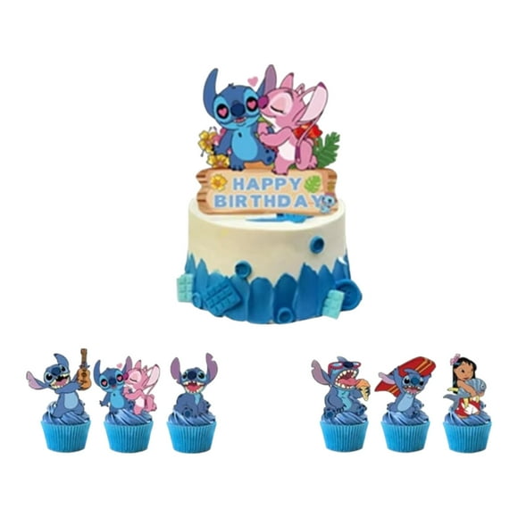StitchFest Cake & Cupcake Decor Set - 25 Stitch Themed Toppers for Birthday Parties, Large Cake Topper & 24 Cupcake Decorations.