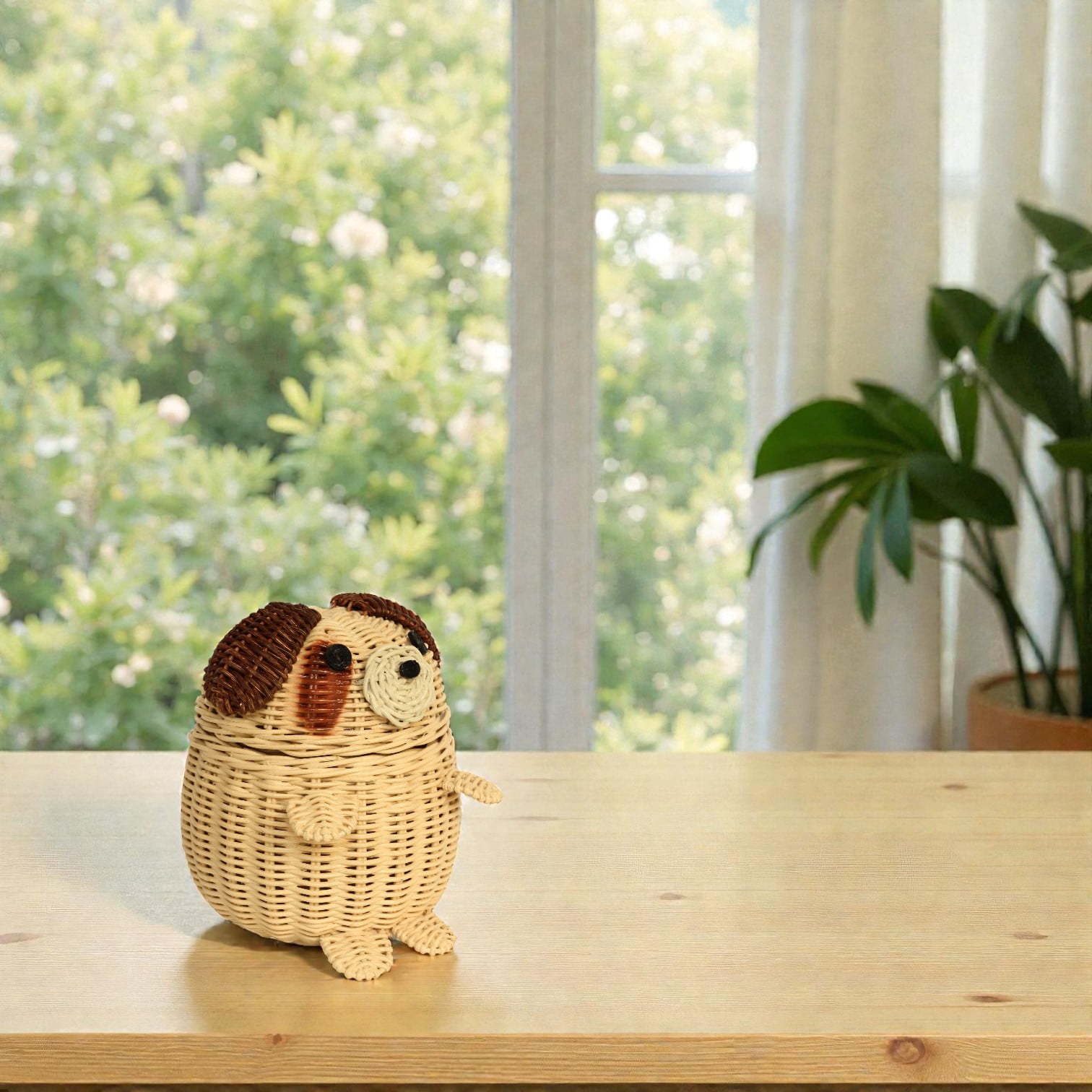 Dog Rattan Storage Basket with Lid Decorative Home Decor Hand Woven Shelf Organizer Cute Handmade Handcrafted Gift Art Decoration Artwork Wicker Puppy