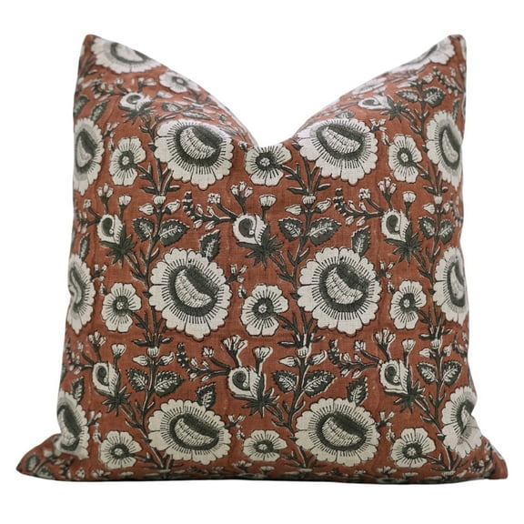 FABDIVINE- SUN FLOWER Brown Block Print Cushion – 12x20 Pure Linen, Floral Ruffle Pillow, Indian Handmade Art