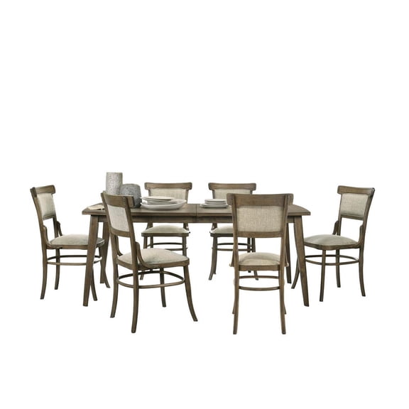 Bistro Vintage Walnut 72" Dining Table Set with Off White Fabric Dining Chairs