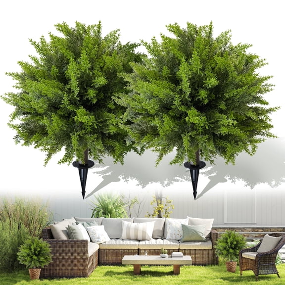 Artificial Cedar Topiary Ball Tree with Ground Spike: 23 Inch 2 Pack UV Resistant Faux Green Cypress Shrubs Plants Fake Bushes for Front Porch, Garden, Indoor and Outdoor Home Decor