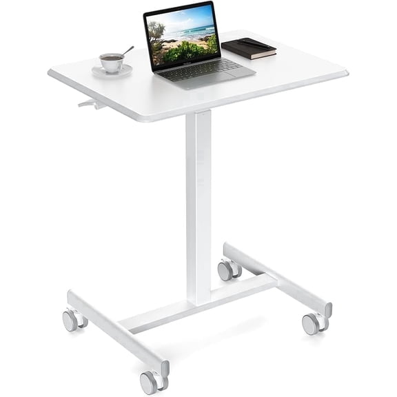 Sybels 19-Inch Small Standing Desk ,Lockable Rolling Laptop Desk, Portable Standing Computer Table on Wheels with Adjustable Height, for Home Office,White