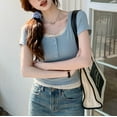 thumbnail image 6 of Wyobmus Womens Short Sleeve T Shirt Y2K Mock 2 Piece Lace Patchwork Henley Shirts Button Down Scoop Neck Slim Fit Tops Ribbed Knit Tee Tops Blue, 6 of 9