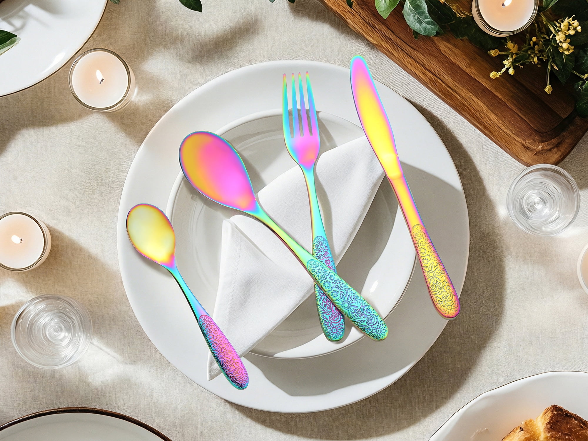 Unique Bargains 4 Piece Stainless Steel Floral Flatware Colorful 4