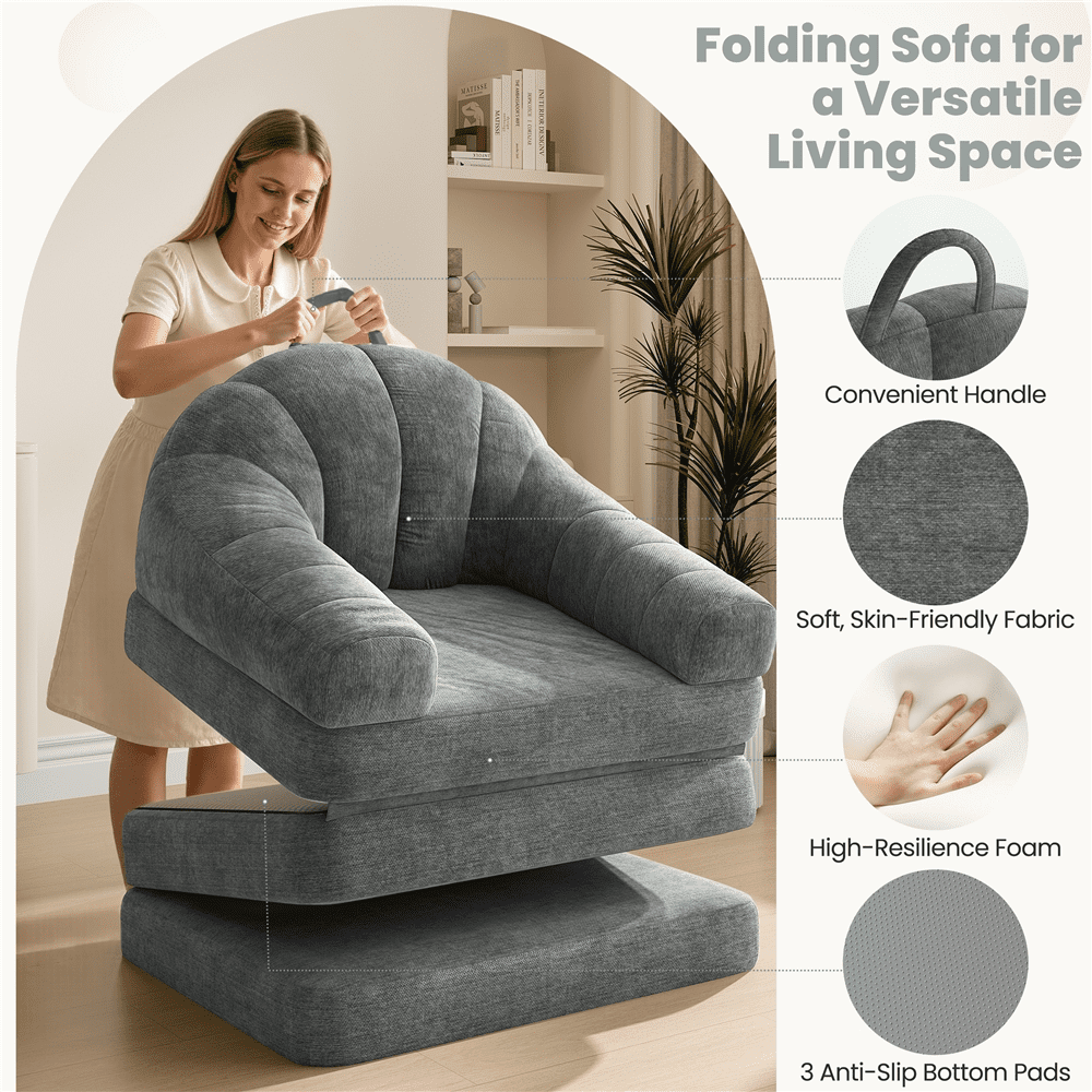 Renwick 2-in-1 Convertible Sofa  Bed Folding Sleep Chair Bed Chenille Sofa with Armrests  for Living Room and Bedroom, Gray