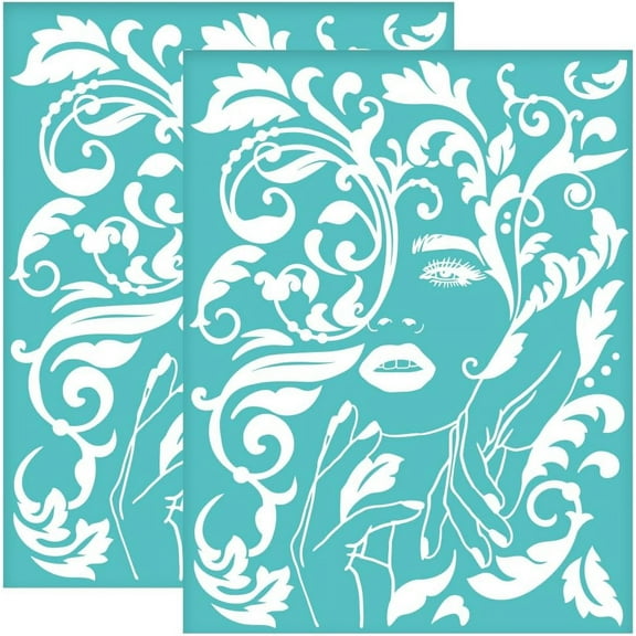 2Pcs 8.6x11 Inch Brocade Self-Adhesive Silk Screen Printing Stencil Floral Woman Silk Screen Stencil Brocade Face Reusable Mesh Stencils Transfer for DIY T-Shirt Fabric Painting