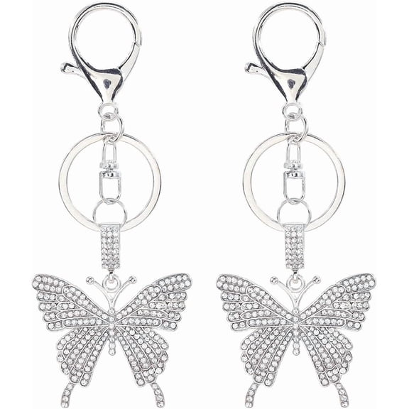 1 Box 2Pcs Butterfly Rhinestone Key Chain Animal Keychain Alloy Silver Sparkling Insect Wing Metal Hanging Charms Purses Ornaments for Car Keys Purse Party Favor Women Decorations Silver DIY