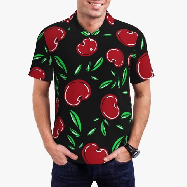 Fotbe Cherry Camiseta Polo de Golf para Hombre con Estampado – Camisa Deportiva Transpirable con Cuello Abotonado-Large
