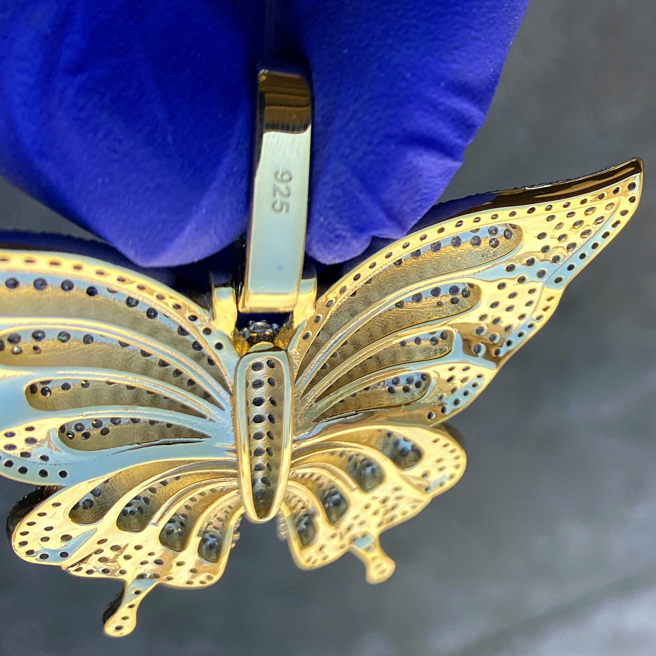 Real 925 Sterling Silver w/Gold Finish Flooded Micro Pave Iced Bling Butterfly Pendant Large 2.5" Inch