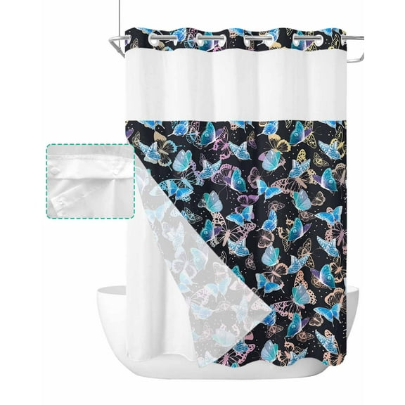 No Hook Shower Curtain with Snap in Liner, Spring Teal Butterfly Hand Painted Silhouette Hotel Shower Curtains for Bathroom, Washable Shower Curtain Liner Set with Mesh Top Window, 60"x72"