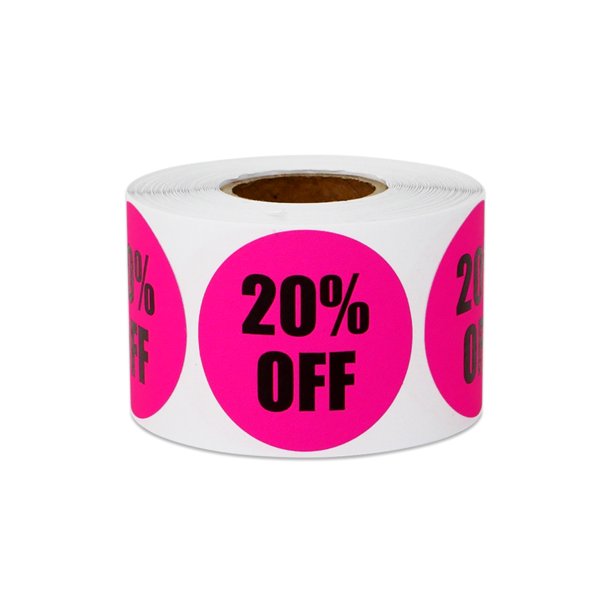 1.5" Round 20 OFF Stickers Labels for Retail Pricing, Sales or Discounts (2 Rolls / Pink