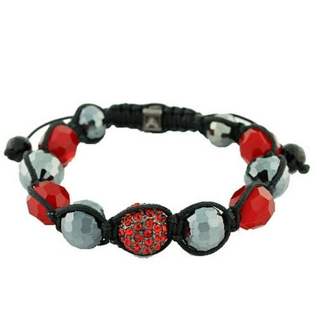 - Black Red CZ Ball Beaded Adjustable Simulated Onyx Macrame Bracelet