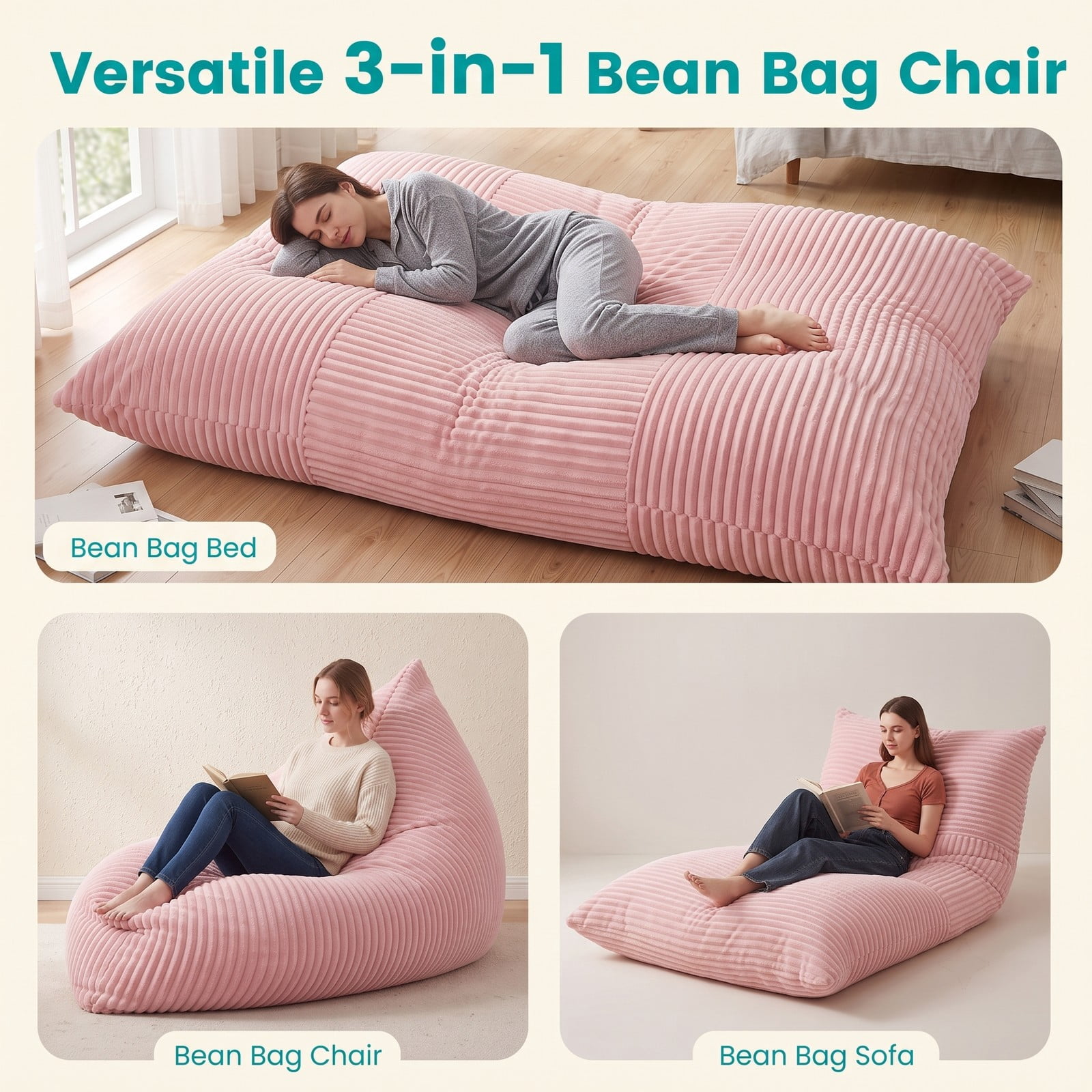 Furnibear 3-in-1 Large Bean Bag Chair, Convertible Corduroy Bean Bag Bed Sofa Lounger with Soft Sponge Filling and Removable Zippered Cover for Living Room, Pink