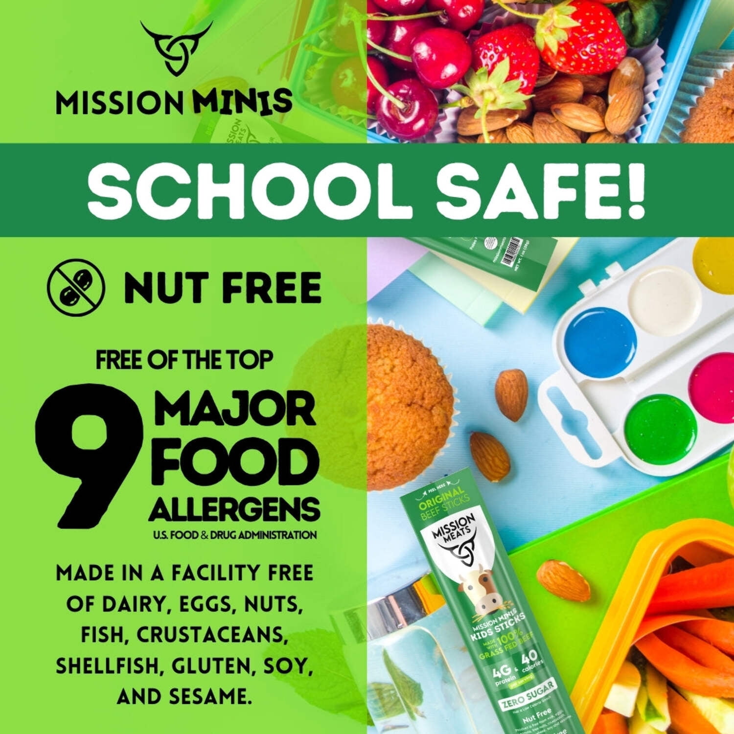 Mission Meats Kids Beef Sticks, 100% Grass Fed, Mini Healthy Snacks for Kids, Zero Sugar, Gluten & Nut Free, Individually Wrapped, 0.5oz (24ct Bag)