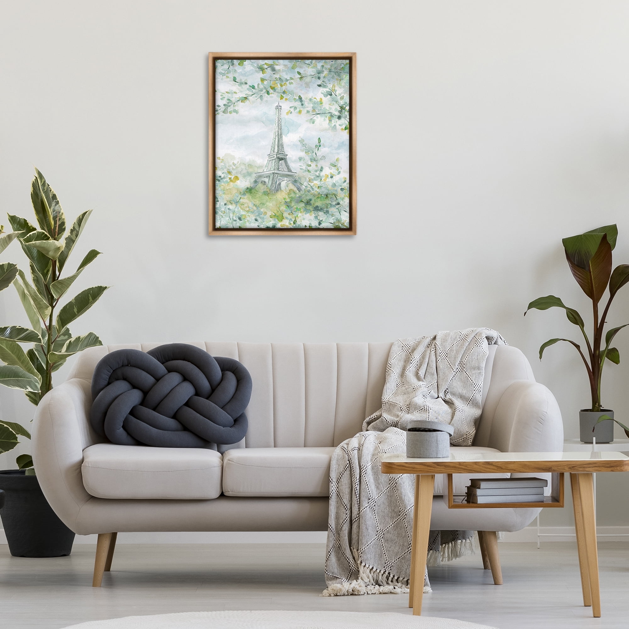 Stupell Industries Eiffel Tower Through Branches Plants & Flowers Painting Brown Floater Framed Canvas Art Print Wall Art, 25 x 31