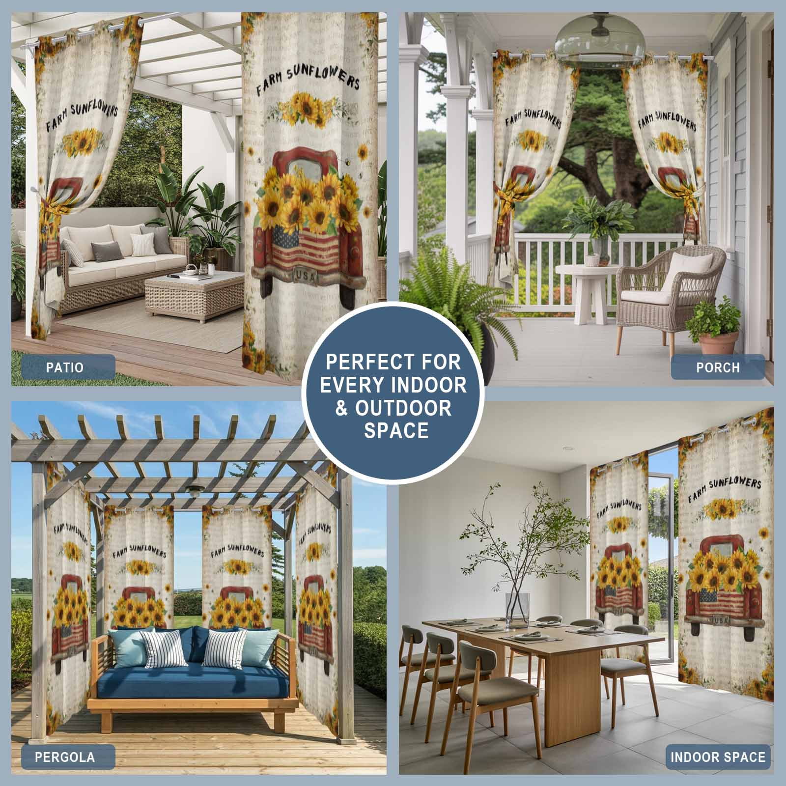 Outdoor Curtains for Patio Waterproof, Vintage Sunflower Truck Outdoor Privacy Panels Grommet, Summer Botanical Pastoral Retro Art Blackout Outside Curtains for Porch/Cabana 54"x95", 1 Panel