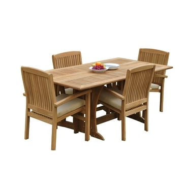 Grade-A Teak Dining Set: 4 Seater 5 Pc: Warwick Console Folding Rectangle Table And 4 Wave Stacking Arm Chairs Outdoor Patio WholesaleTeak #51WV1505