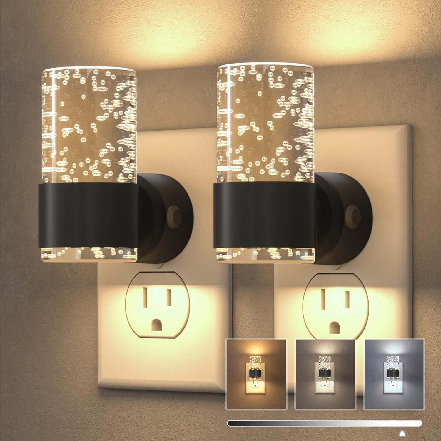 RGHJAR-Night Lights Plug into Wall, Dimmable LED Night Light 3 CCT & 5 Brightness Levels, Acrylic Bubble Nightlight with Dusk to Dawn Sensor for Hallway, Bathroom, Stair, Nursery Black 2 Pack