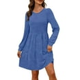 thumbnail image 3 of Fmbrln Dress for Women Long Sleeve Crew Neck Pleated Mini Dress Casual Loose Solid A-Line Dress, 3 of 8