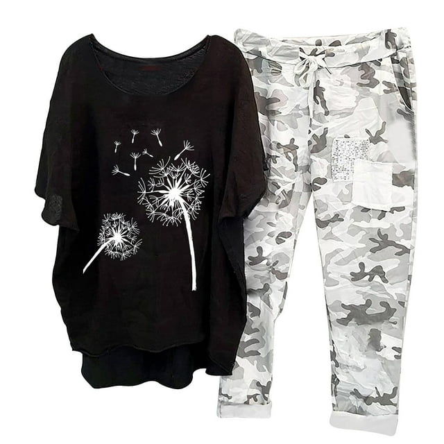 Ensembles d'Été pour Femmes Imprimé Col Rond Manches Mi-Longues Pull + Pantalon Ensemble Assorti en Solde