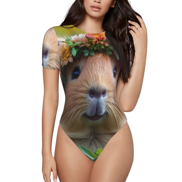 Saiise Couronne de Fleurs Motif Cochon d'Inde Grenouillère à Manches Courtes pour Femmes Col Rond Pyjama Justaucorps Extensible avec Fermeture à Pression-TTTG