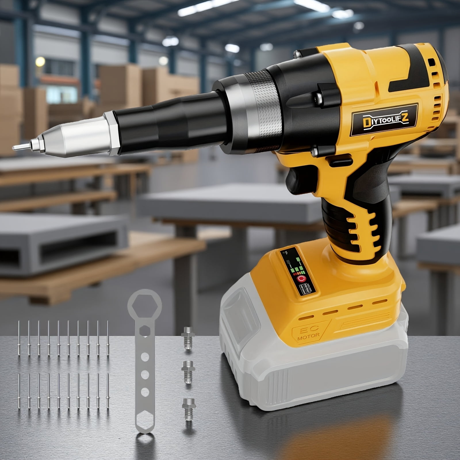 Pop Rivet Gun For 20V Battery, Cordless Rivet Tool With 3 Size (1/8", 5/32", 3/16") Aluminum Rivets, Brushless Motor Rivet Gun Kit Nose Piece（NO  Battery）