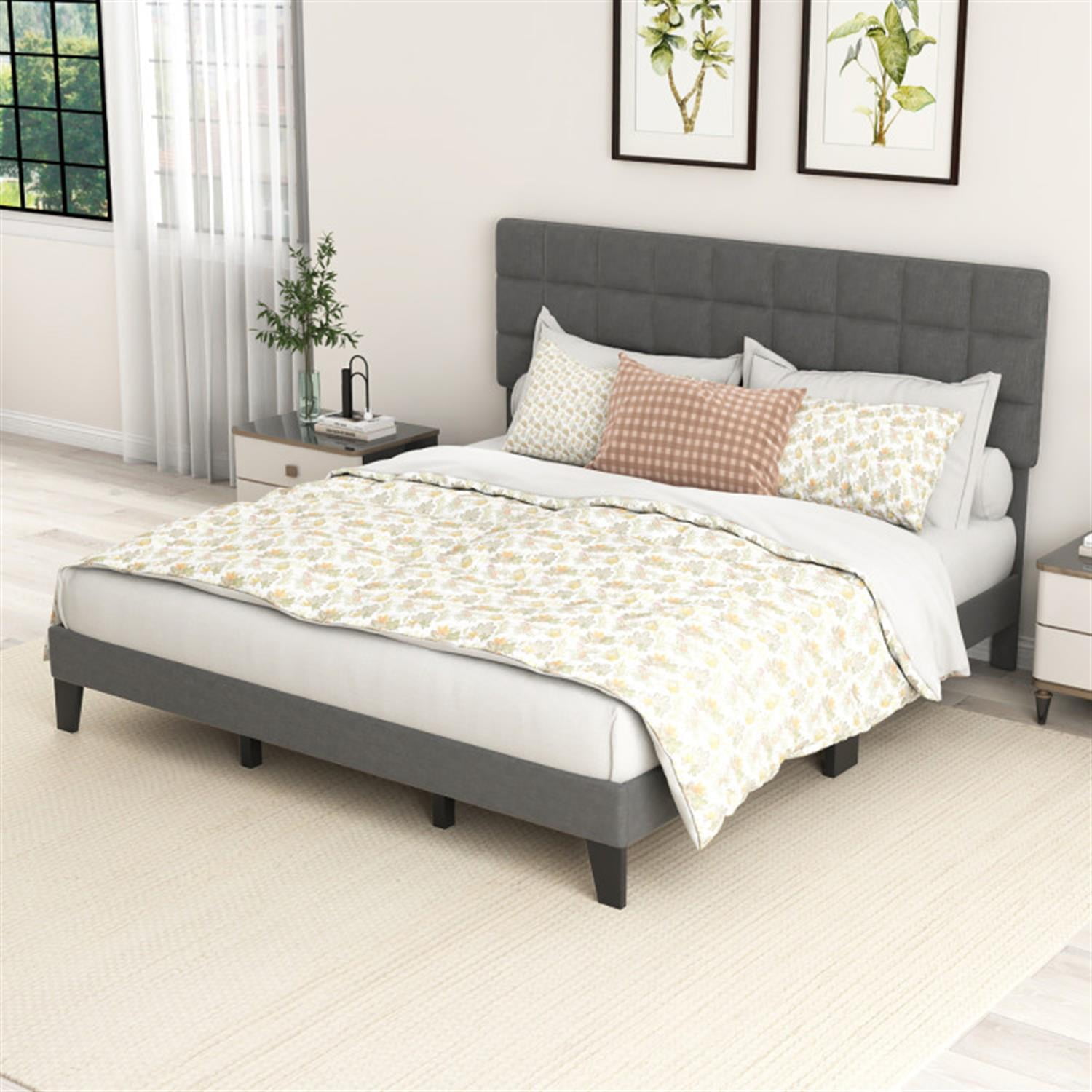 Demi Bonn King Size Bed Frame with Adjustable Headboard, Modern Linen Platform Bed Frame with 10 Strong Wood Slat Support, No Box Spring Needed, Gray
