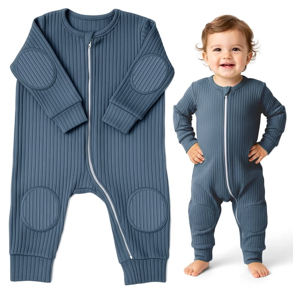NurtureNauts® Padded Baby Romper, 100% Cotton, Elbow & Knee Pads, 2-Way Zipper, Tagless (Pastel Blue, 18-24 Months)